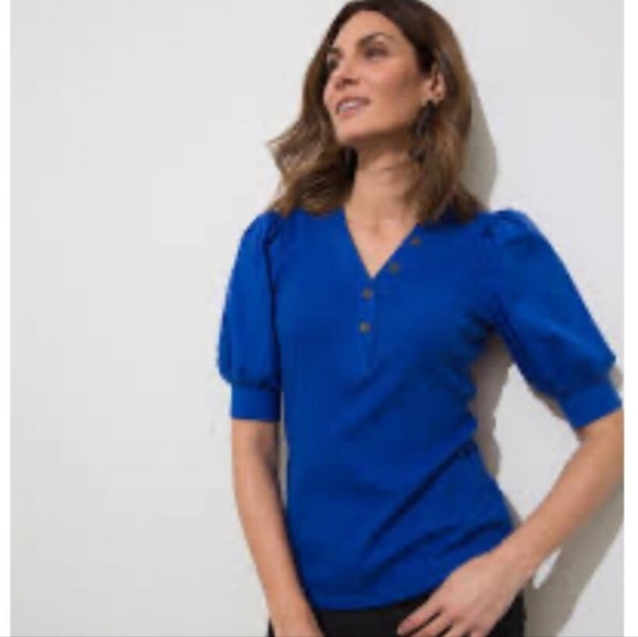 Chico's Ribbed Henley Smock Sleeve Tee In Rich Cobalt Blue Size 2/ Large - Picture 1 of 8